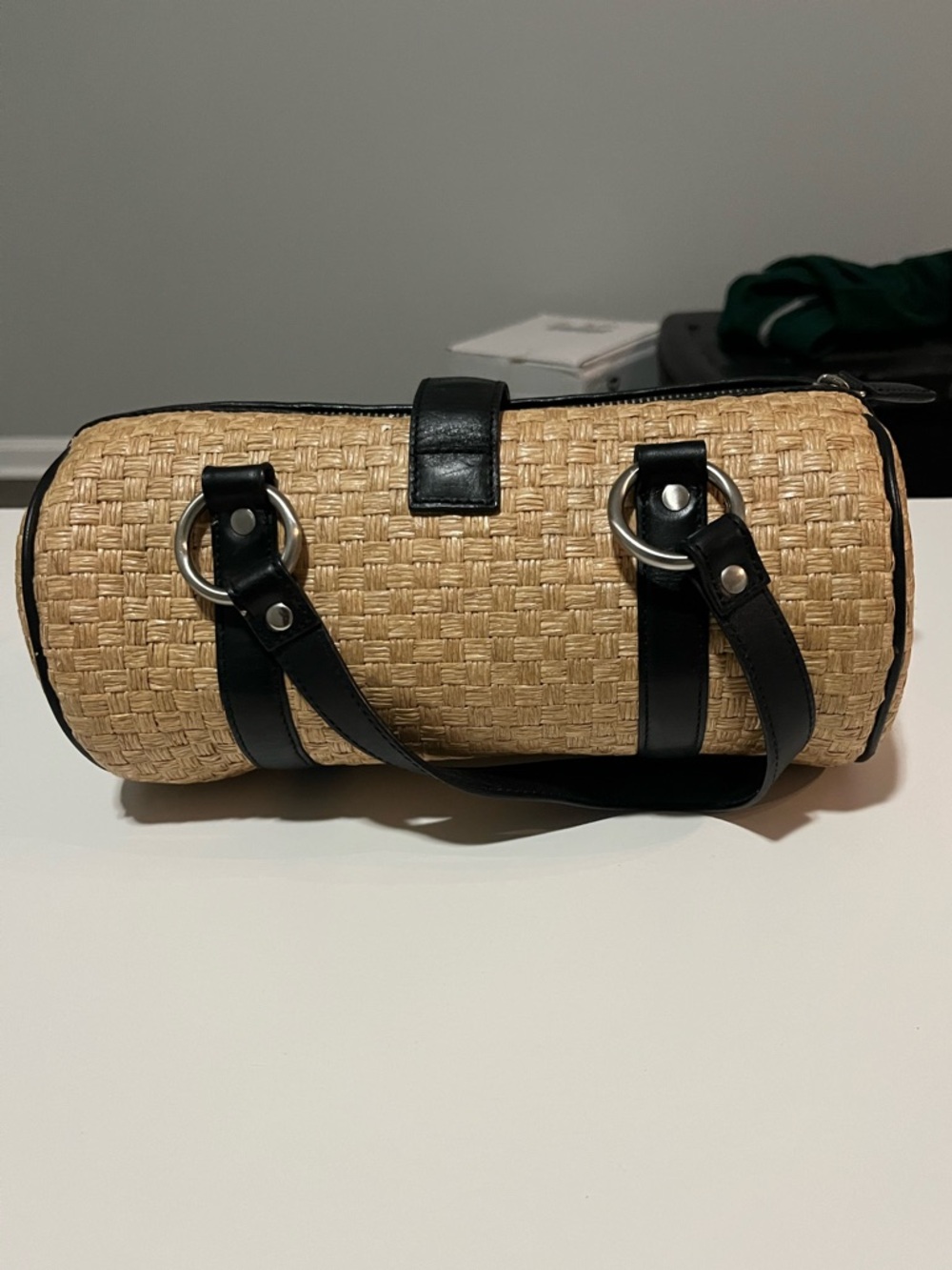 Woven Straw Barrel Handbag with Black Trim